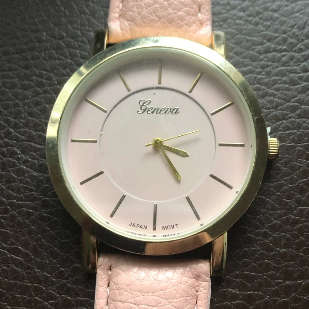 Ladies Geneva blush pink faux leather band watch